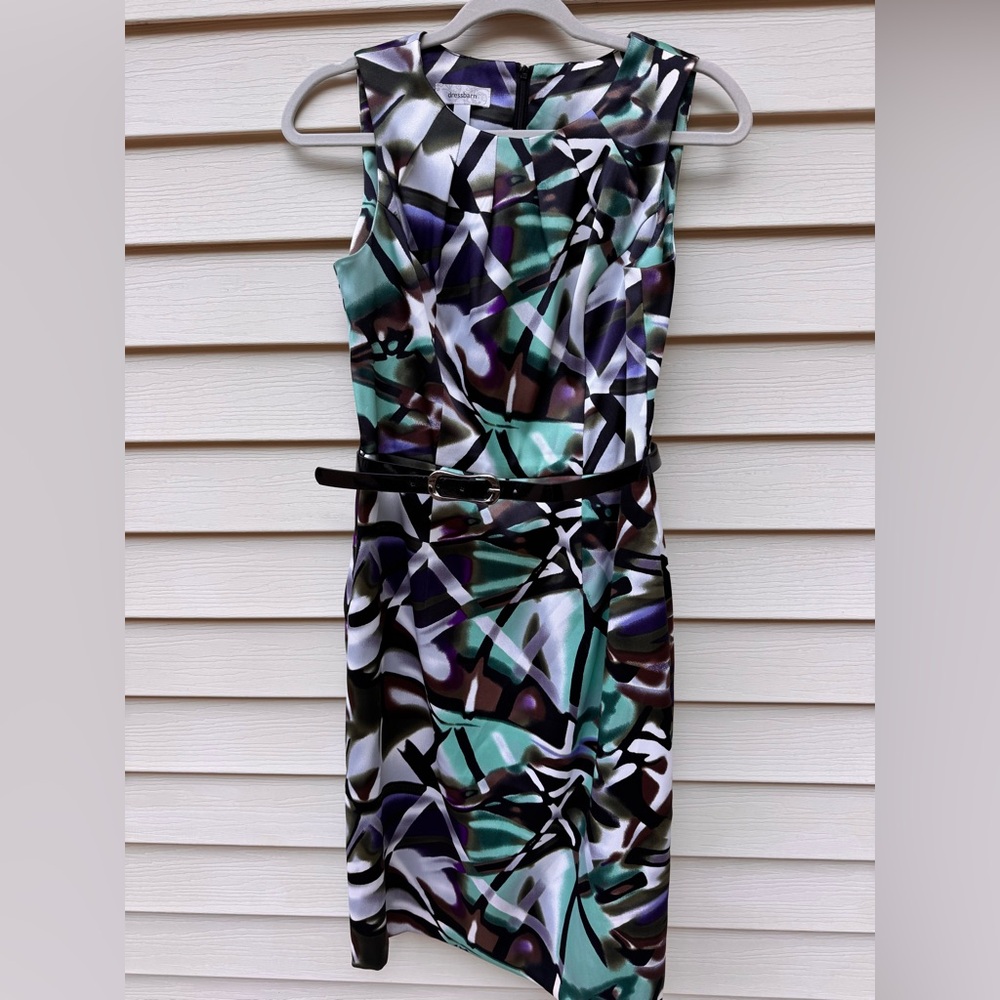 Teal Purple Black Sheath Dress size 4 zip up back w patent leather belt - Picture 6 of 13